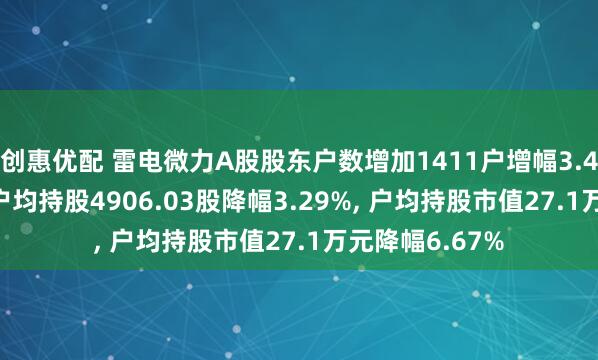 创惠优配 雷电微力A股股东户数增加1411户增幅3.40%, 流通A股户均持股4906.03股降幅3.29%, 户均持股市值27.1万元降幅6.67%